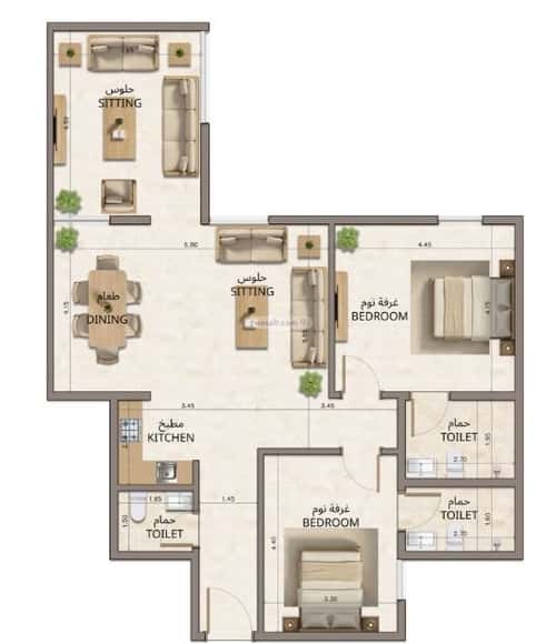 Apartment 1225 SQM with 2 Bedrooms An-Nahdah, East Riyadh, Riyadh