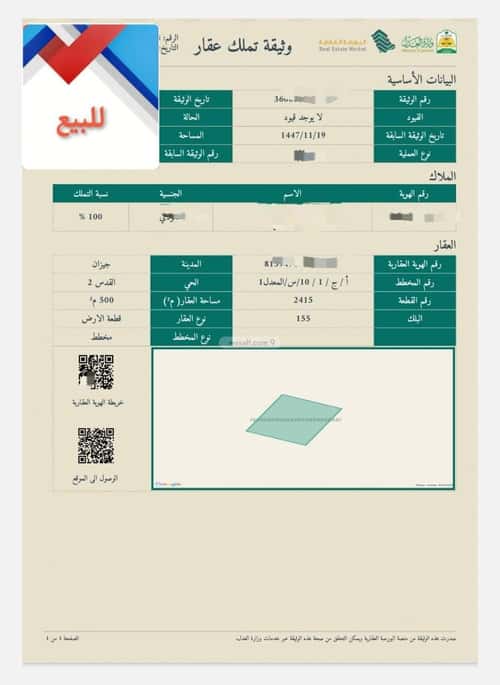Land 500 SQM Facing South on 18m Width Street Al Quds 2, Jazan