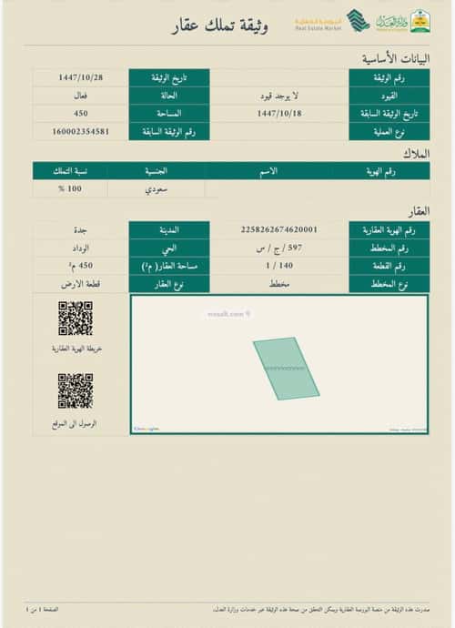 أرض 450 متر مربع شرقية على شارع 16م الندى، شمال جدة، جدة