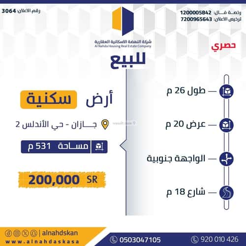 Land 531 SQM Facing South on 18m Width Street Al-Andalus 3, Jazan