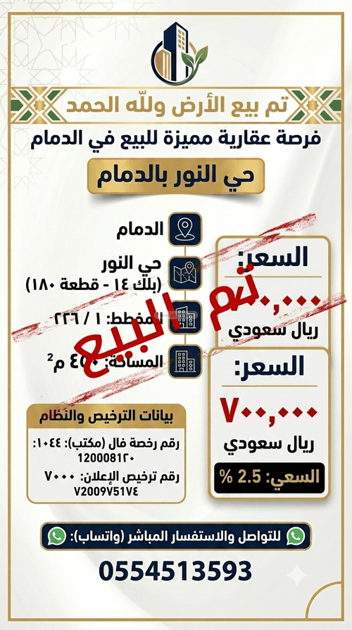 أرض 450 متر مربع جنوبية على شارع 15م النور، الدمام