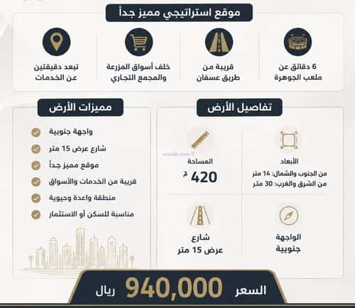 Land 420 SQM Facing South on 15m Width Street Al-Riyadh, North Jeddah, Jeddah
