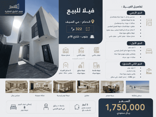 فيلا 322 متر مربع جنوبية على شارع 18م السيف، الدمام