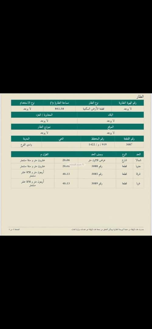 أرض 802 متر مربع شمالية على شارع 30م مخطط وادي  الفرع، وادي  الفرع