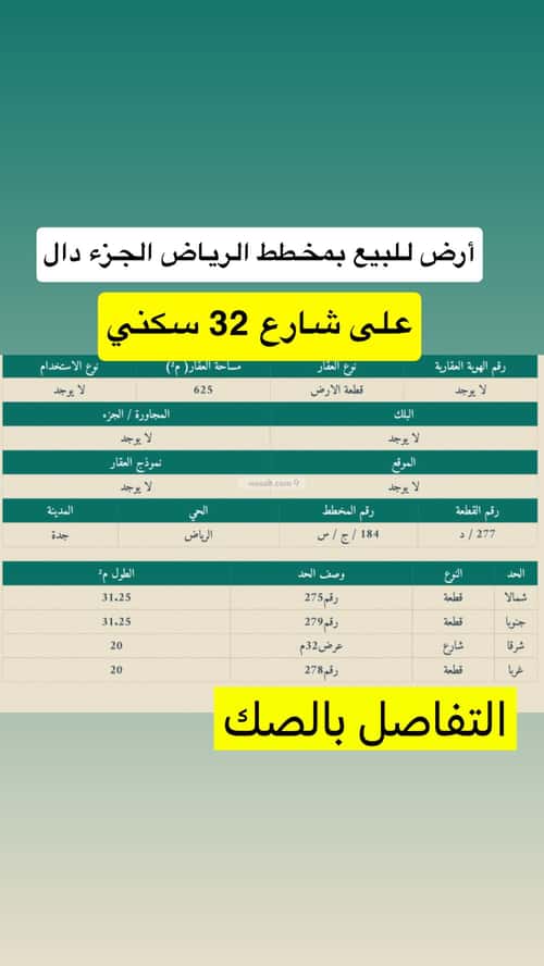 أرض 625 متر مربع شرقية على شارع 32م الرياض، شمال جدة، جدة
