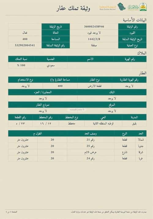 Land 400 SQM Facing East on 25m Width Street Qurtubah District, Abqaiq