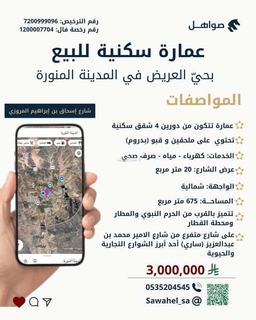 عمارة 675 متر مربع واجهة شمالية العريض، المدينة المنورة