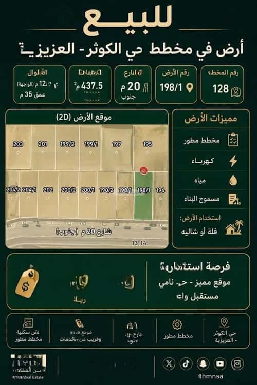 أرض 437.5 متر مربع جنوبية على شارع 20م الكوثر، الخبر
