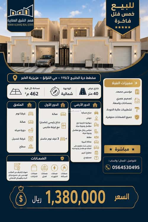 Villa 462.81 SQM Facing North on 40m Width Street Al Lo'A Lo'A, Khobar