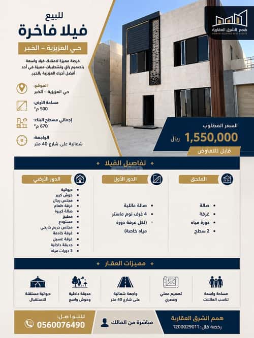 Villa 500 SQM Facing North on 40m Width Street Al Lo'A Lo'A, Khobar
