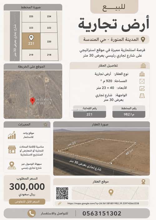 Land 920 SQM Facing West on 30m Width Street Al-Munawarah, Madinah