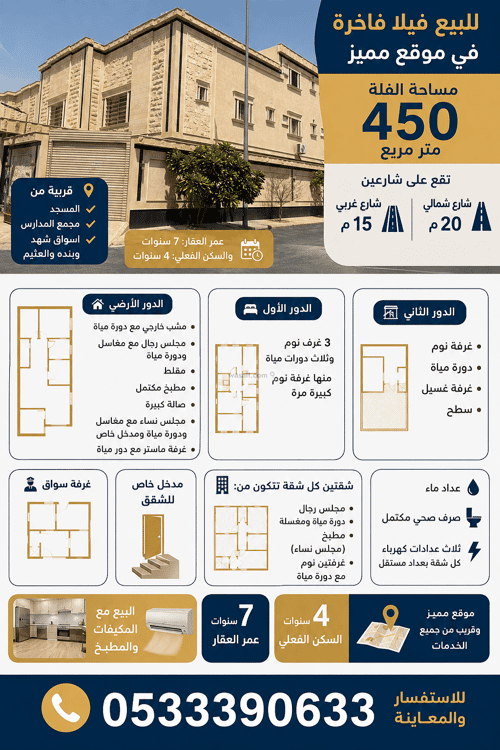 Villa 450 SQM Facing North West on 20m Width Street Dahrat Laban, West Riyadh, Riyadh