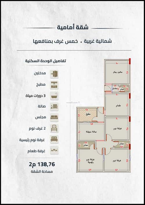 Apartment 129.72 SQM with 5 Bedrooms Al Naeem, North Jeddah, Jeddah