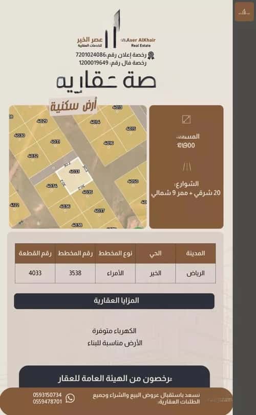 Land 900 SQM Facing North East on 20m Width Street Al-Khear, North Riyadh, Riyadh