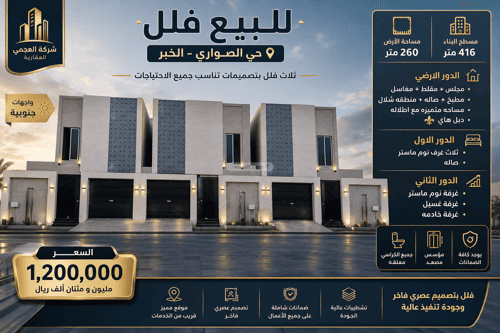 فيلا 411.71 متر مربع جنوبية على شارع 15م الصواري، الخبر