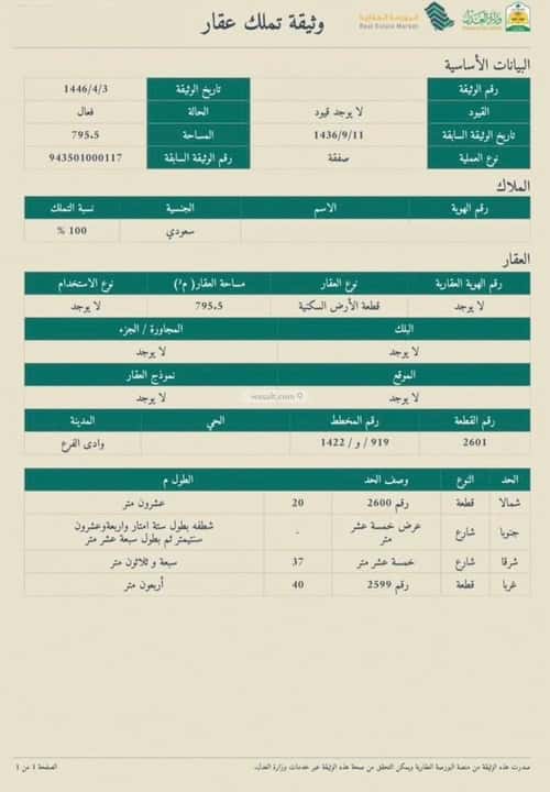 أرض 900 متر مربع شمالية على شارع 20م مخطط وادي  الفرع، وادي  الفرع