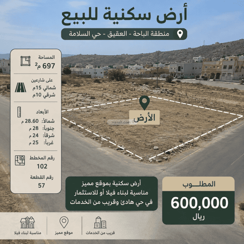 Land 697 SQM Facing East on 15m Width Street As Salamah, Al-Aqiq