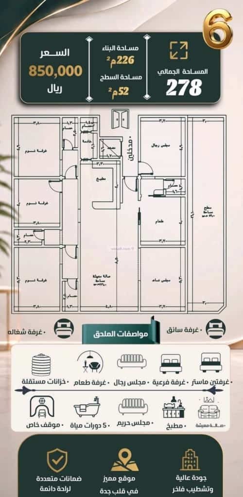 Apartment 700 SQM with 2 Bedrooms Al Nuzha, North Jeddah, Jeddah