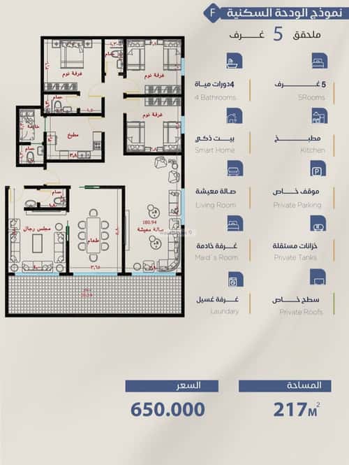 Apartment 2250 SQM with 5 Bedrooms Al Yaqoot, North Jeddah, Jeddah
