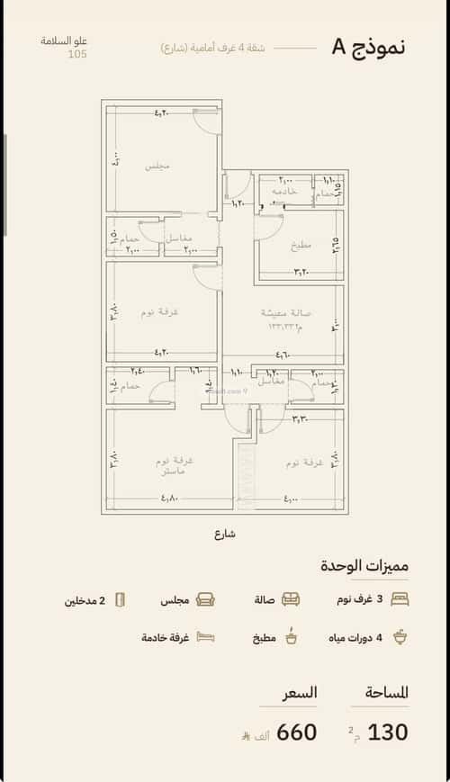شقة 130.12 متر مربع ب 4 غرف السلامة، شمال جدة، جدة