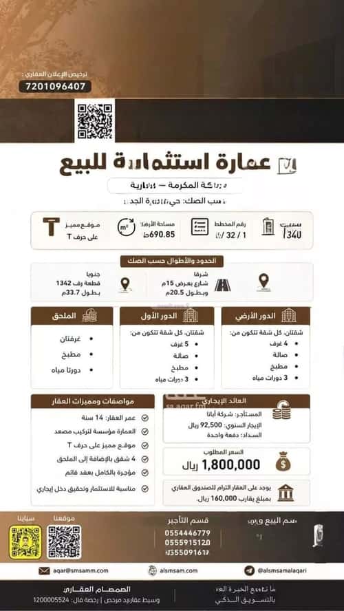 عمارة 690.85 متر مربع واجهة شرقية العمرة، مكة المكرمة