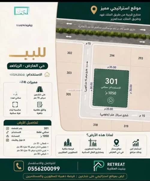 أرض 1050 متر مربع شمالية غربية على شارع 15م العارض، شمال الرياض، الرياض
