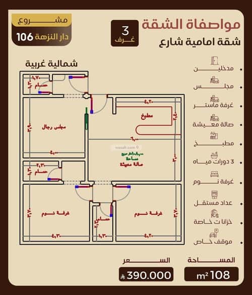 Apartment 103.49 SQM with 3 Bedrooms Al Nuzha, North Jeddah, Jeddah