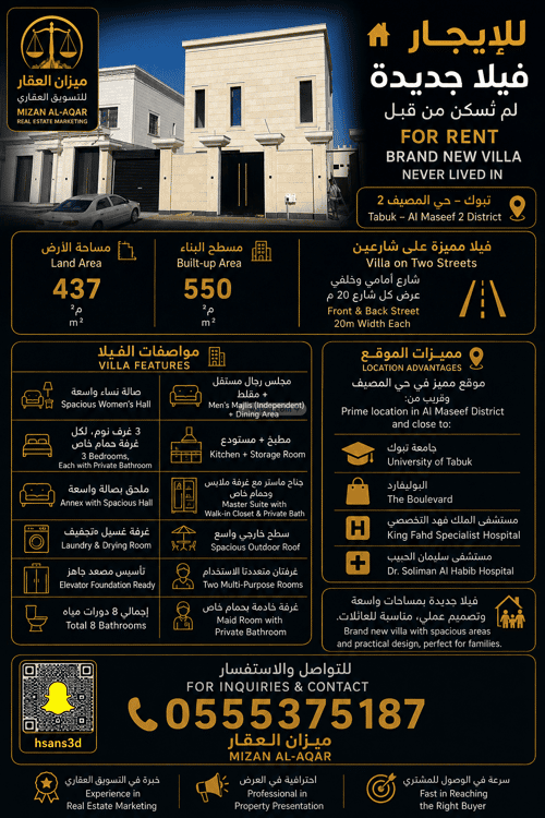 Villa 437.5 SQM Facing North with 8 Bedrooms Al-Musayyif, Tbwk