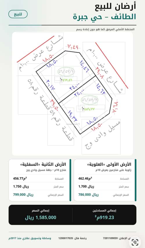 أرض 462.46 متر مربع شمالية غربية على شارع 10م جبرة، الطائف