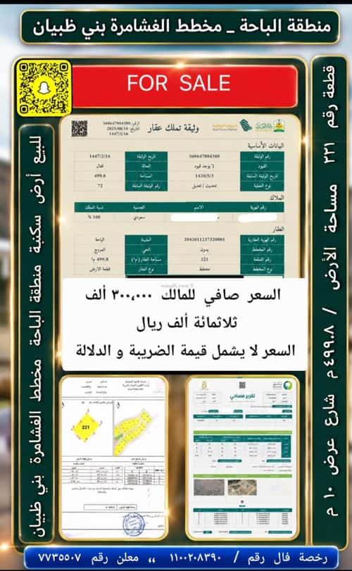 Land 499.8 SQM Facing East on 10m Width Street Al Muruj, Al Baha