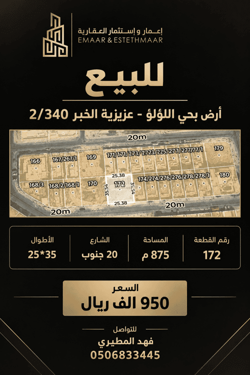 Land 875 SQM Facing South on 20m Width Street Al Lo'A Lo'A, Khobar