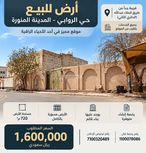Land 720 SQM Facing South on 6m Width Street Rawabi, Madinah
