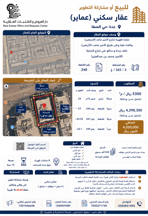 عمارة 811.08 متر مربع واجهة شمالية الصفاء، شمال جدة، جدة
