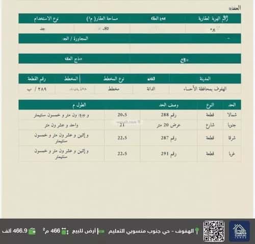 Land 466.88 SQM Facing South on 20m Width Street Al Dana, Al Ahsa