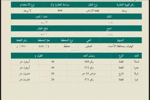 Land 800 SQM Facing East on 15m Width Street Al Suqoor, Al Ahsa