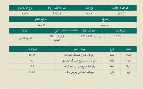 أرض 542.54 متر مربع غربية على شارع 16م الرانوناء، المدينة المنورة