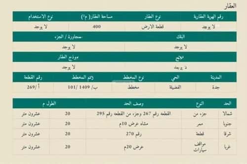 أرض 400 متر مربع الفضيلة، جنوب جدة، جدة