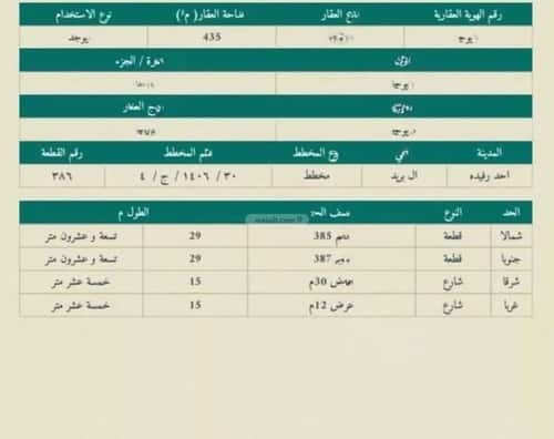 Land 435 SQM Facing East on 30m Width Street Al Bared, Ahad Rafidah