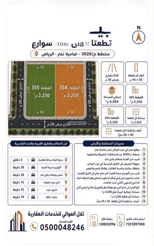أرض 2250 متر مربع جنوبية غربية على شارع 20م ضاحية نمار، غرب الرياض، الرياض