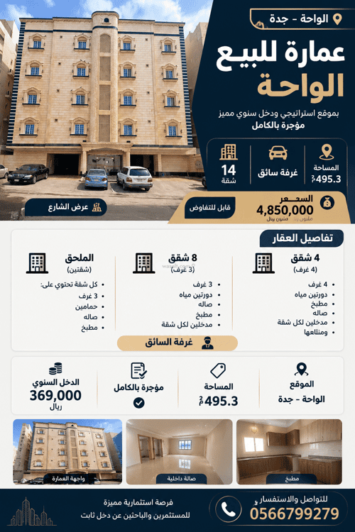 عمارة 495.3 متر مربع واجهة شمالية الواحة، شرق جدة، جدة