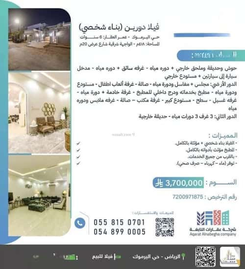 Villa 418.5 SQM Facing East on 20m Width Street Al-Yarmuk, East Riyadh, Riyadh