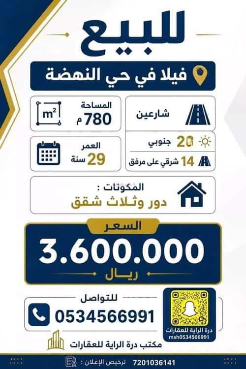 Villa 780 SQM Facing South East on 20m Width Street An-Nahdah, East Riyadh, Riyadh
