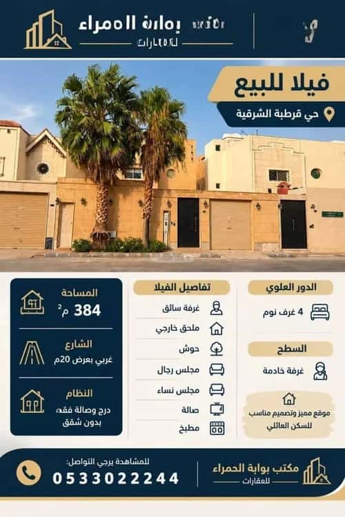 فيلا 384 متر مربع غربية على شارع 20م قرطبة، شرق الرياض، الرياض