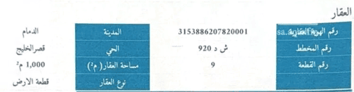 أرض 1000 متر مربع قصر الخليج، الدمام