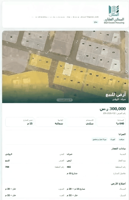 أرض 640 متر مربع شمالية شرقية على شارع 20م الروابي، جازان