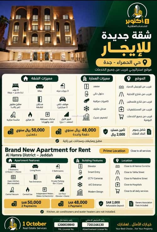 Apartment 105.93 SQM with 3 Bedrooms Al Hamrah, North Jeddah, Jeddah