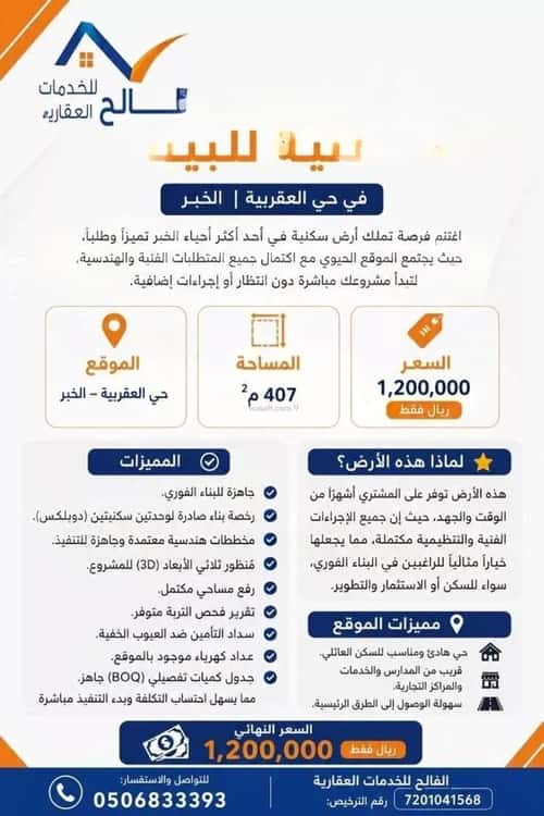 Land 406.86 SQM Facing South on 18.26m Width Street Al Aqrabyah, Khobar
