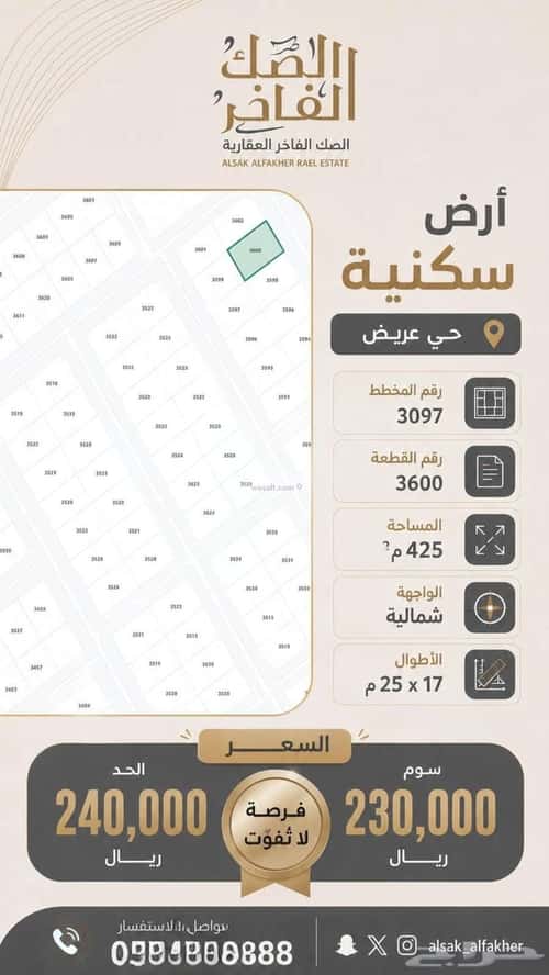 Land 425 SQM Facing East on 25m Width Street Oraid, South Riyadh, Riyadh