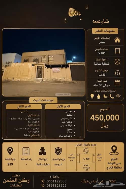 عمارة 400 متر مربع واجهة شمالية النهضة، الخرج