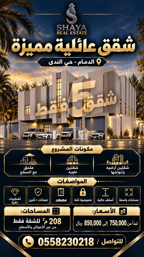 شقة 208.18 متر مربع ب 5 غرف الندى، الدمام